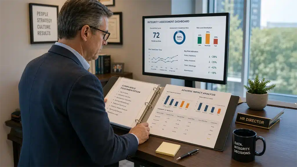 HR director organizing legally defensible integrity assessment documentation including adverse impact analysis records. Shows benefits of Integrity Assessments for Fair and Compliant Hiring.