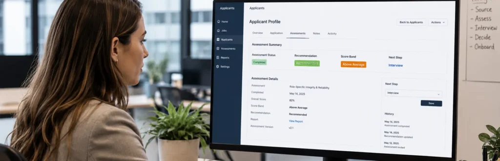 Recruiter reviewing assessment results and workflow fit inside an ATS dashboard