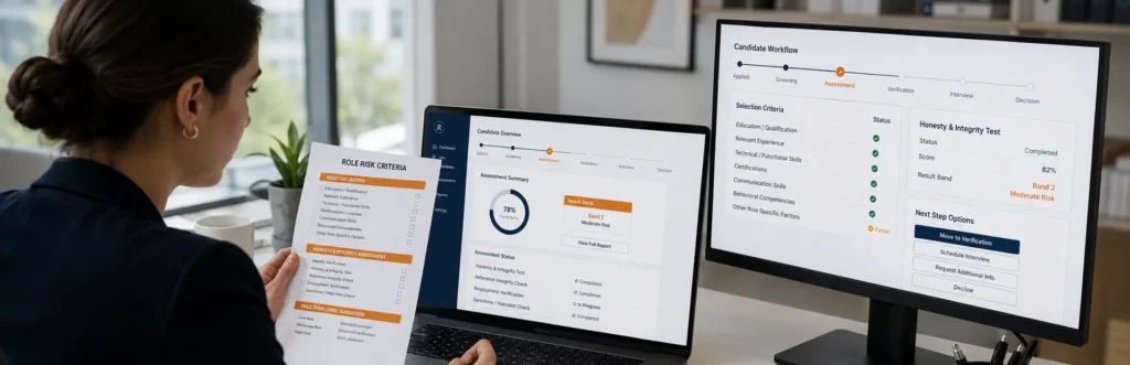 Recruiter reviewing candidate selection criteria and honesty integrity test status