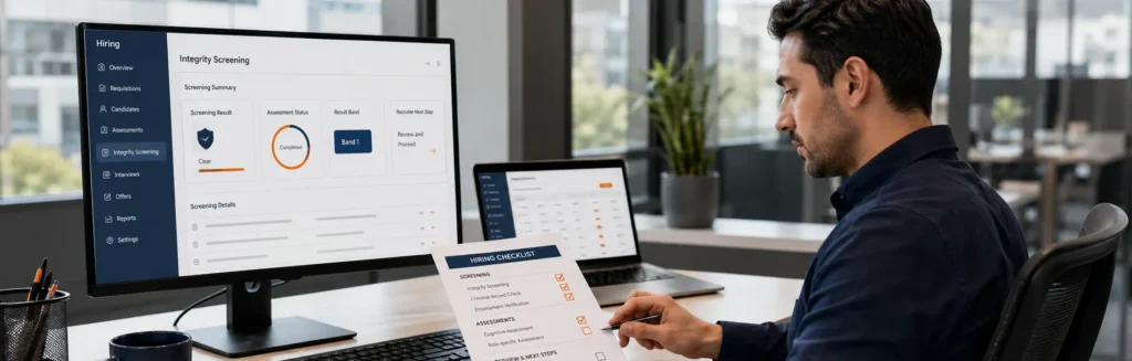 Recruiter reviewing honesty and integrity test result before candidate interview