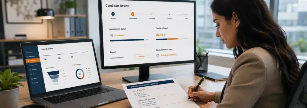 Recruiter using honesty and integrity assessment results inside a hiring workflow