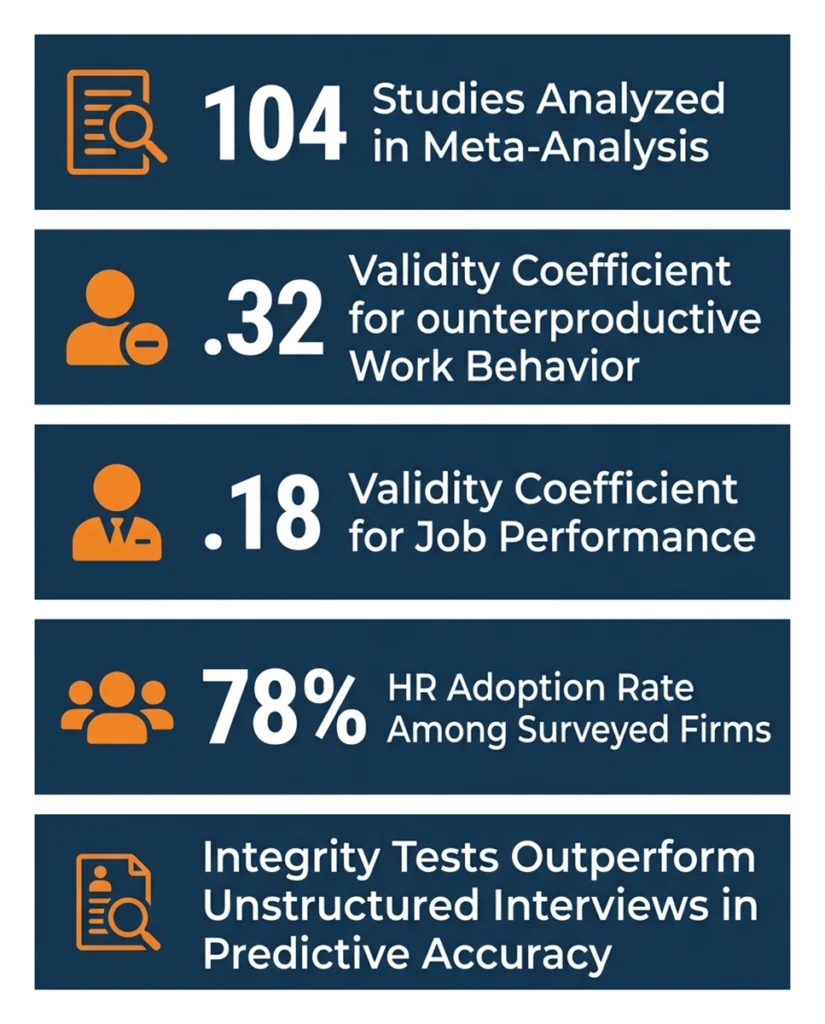 Vertical infographic: honesty test research validity data — predictive coefficients, meta-analysis scope, and HR adoption rate