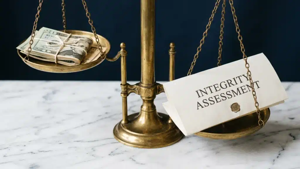 Visual metaphor for the ROI of honesty tests in hiring: a balance scale weighing financial costs against integrity assessment value