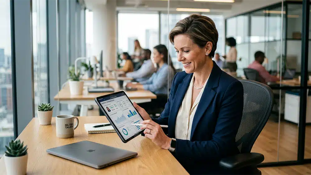 HR professional reviewing an integrity self-assessment for hiring on a tablet