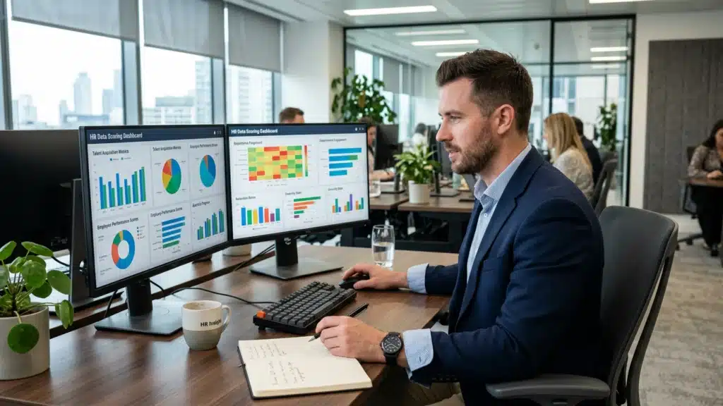 HR manager analyzing integrity assessment scoring dashboard