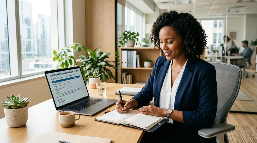 Professional employee completing performance review notes at desk with laptop displaying workplace metrics and integrity self-assessment examples in a modern office setting.