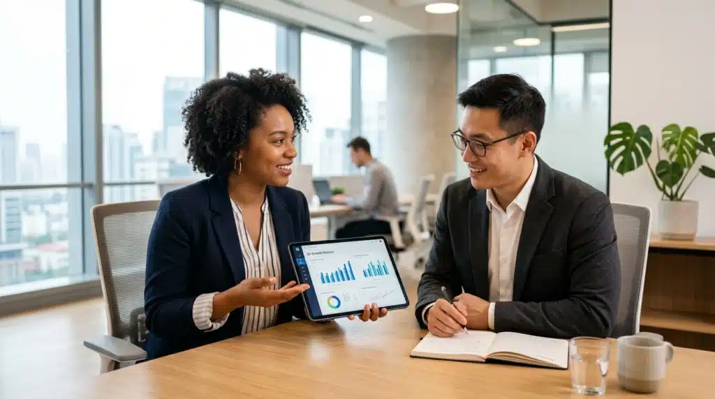 Business professionals reviewing analytics dashboard during a collaborative meeting focused on integrity self-assessment examples and workplace performance evaluation.