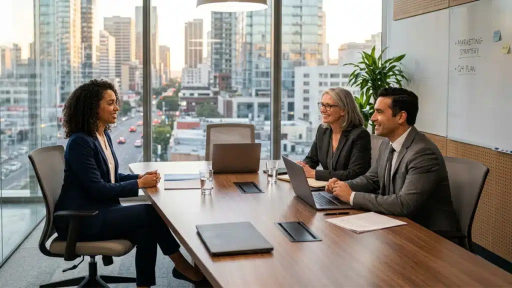 Corporate interview meeting between hiring managers and candidate discussing professional experience and integrity self-assessment examples in a modern office boardroom.