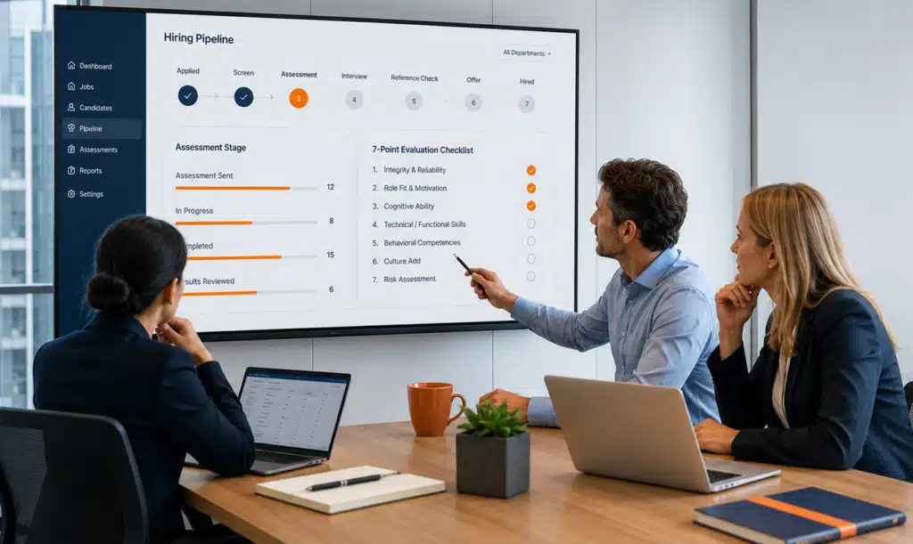 HR team evaluating 7 easy to integrate pre-hiring assessment tools for HR in an ATS workflow