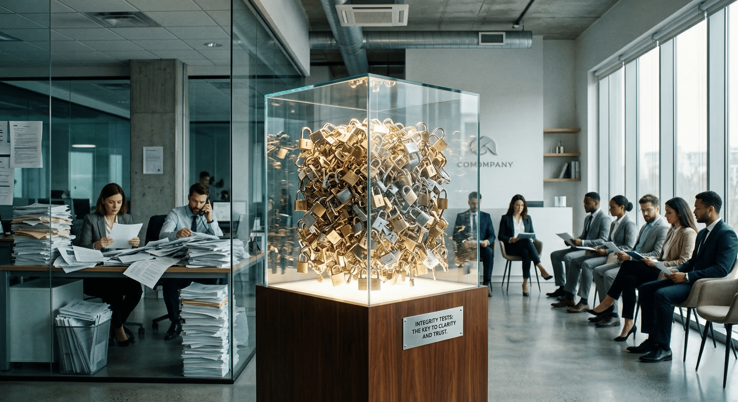 A cinematic scene set in a modern, high-contrast office environment: A giant transparent glass cube filled with glowing, intertwined locks and keys sits at the center of the room, symbolizing the clarity and security offered by honesty integrity tests. On one side, HR professionals sift through a chaotic pile of resumes spilling off a desk, while on the other side, a calm, organized row of candidates waits, illuminated by soft, natural light. The image conveys the transformative impact of integrity testing—bringing order, trust, and transparency to the hiring process.