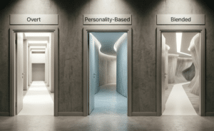 A powerful metaphor of three doors, each labeled 'Overt,' 'Personality-Based,' and 'Blended,' with distinct light shining from each. Behind the 'Overt' door is a straightforward, visible path. The 'Personality-Based' door reveals a winding, subtle corridor. The 'Blended' door combines both: a split path merging clarity and nuance. This editorial shot visualizes the spectrum and strategy of honesty and integrity test types.