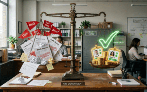 A visual metaphor for the impact of integrity testing: A massive, intricate scale balances two sides—one overloaded with scattered red warning flags, resignation letters, and theft reports (symbolizing workplace risks), and the other side with gold coins, smiling employee badges, and a strong glowing checkmark (symbolizing positive outcomes like retention and productivity). The scale is set in a realistic HR office, under dramatic lighting, capturing the balance between risk and reward.