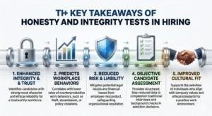 A clean, high-contrast infographic summarizing the 5 key takeaways of honesty integrity tests in hiring. The visual metaphor is a clear pipeline with five bold, labeled checkpoints representing each takeaway, set on a white background for mobile legibility. Each checkpoint uses a simple icon (lock, chart, shield, checklist, handshake) beside the text for immediate comprehension.