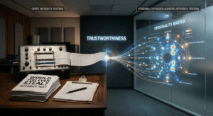 A dramatic split scene metaphor: On the left, a classic old-school polygraph and a stack of overtly labeled 'Would you ever steal?' questionnaires, symbolizing overt integrity tests. On the right, a glowing, complex personality matrix projected onto a frosted glass wall, representing personality-based (covert) integrity tests. The two sides merge in the center, visually illustrating how both approaches target the same underlying construct—trustworthiness.