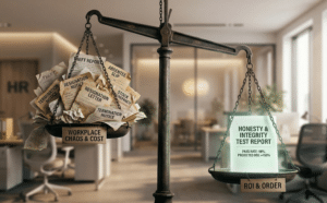A dramatic, editorial close-up of a giant industrial scale: one side is weighed down by chaotic piles of theft reports, absentee slips, and resignation letters, while the other side is balanced by a single, glowing honesty test report, visibly tilting the scale towards order and stability. This scene represents the ROI and measurable impact of integrity tests in reducing workplace chaos.