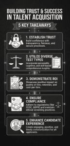 A clean, mobile-legible infographic summarizing the five main takeaways from the blog: trust, test types, ROI, compliance, and candidate experience. Uses bold sans-serif fonts (min 48px), crisp iconography (lock, scales, checklist, handshake, and magnifier), and a vertical flow. High-contrast background for clarity.