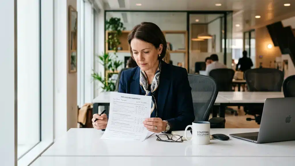HR professional reviewing an employee self-assessment form for HR.