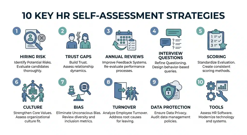 10 proven employee self-assessment strategies for HR teams infographic. employee self-assessment for HR