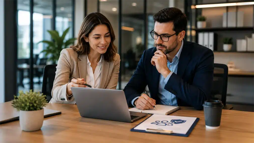 Ethical hiring with integrity assessments in a corporate workplace, featuring hiring professionals collaborating on candidate evaluation and ethical recruitment decisions in a modern office environment.
