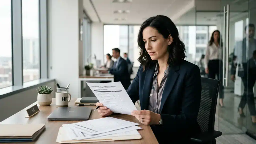 HR professional reviewing integrity self-assessment examples for performance review at a desk during performance reviews season