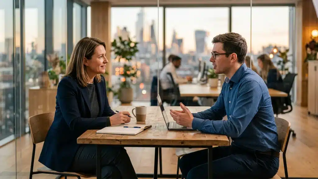 Manager and employee in a one-on-one performance review conversation, involving integrity self-assessment examples for performance reviews