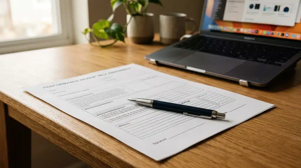 Printed integrity self-assessment template for performance reviews on a professional desk