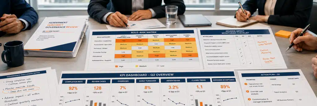 HR leadership reviewing KPIs and governance for integrity assessment strategy