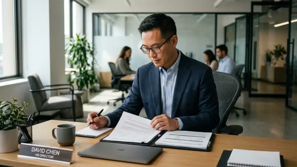 HR director reviewing a honesty test for employee screening alongside other pre-hire reports at a US company