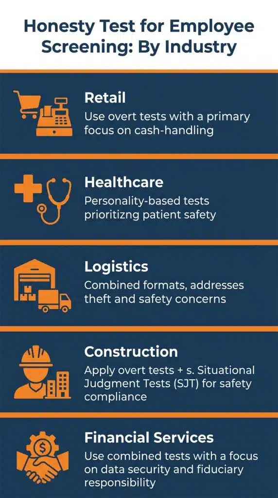 infographic showing honesty test for employee screening applications across retail, healthcare, logistics, construction, and financial services