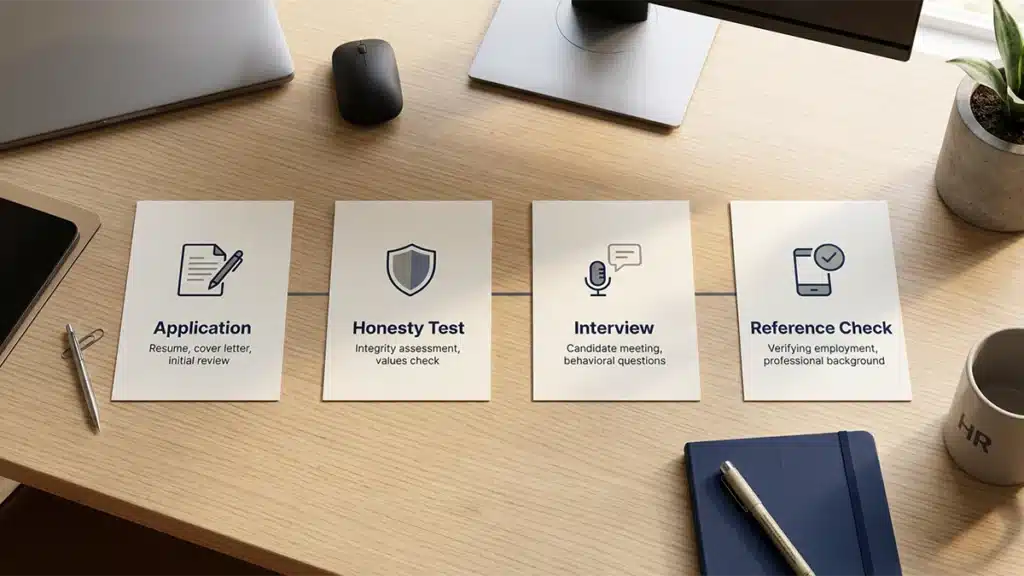 Four-stage employee screening pipeline folders on an HR desk showing where a honesty test fits in the pre-employment process