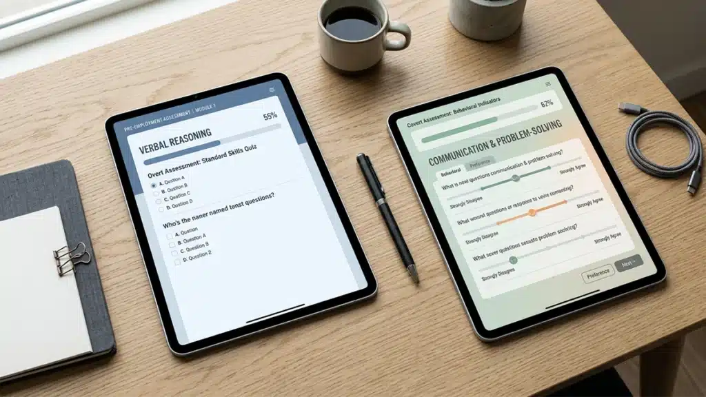 Two pre-employment honesty test formats side by side on an HR desk: overt direct questions versus covert personality-based rating scales