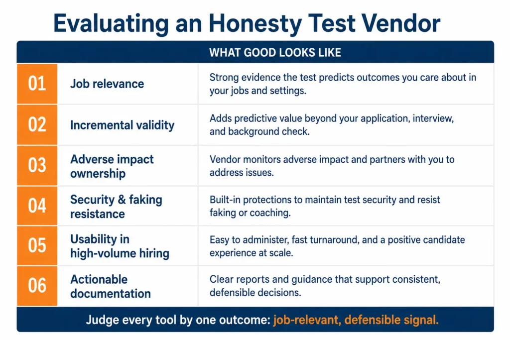 Infographic of a vendor evaluation framework for honesty tests for HR hiring decisions