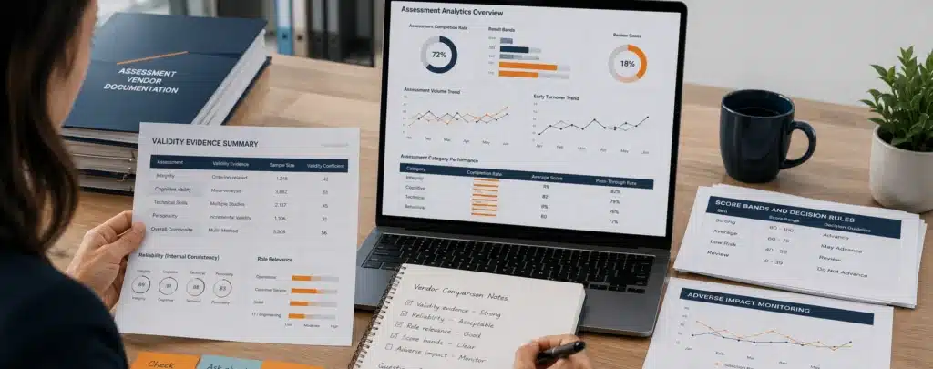 HR analyst reviewing validity and reliability evidence for honesty and integrity test