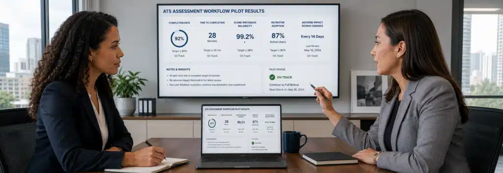 HR compliance and recruiting leaders reviewing assessment workflow pilot results