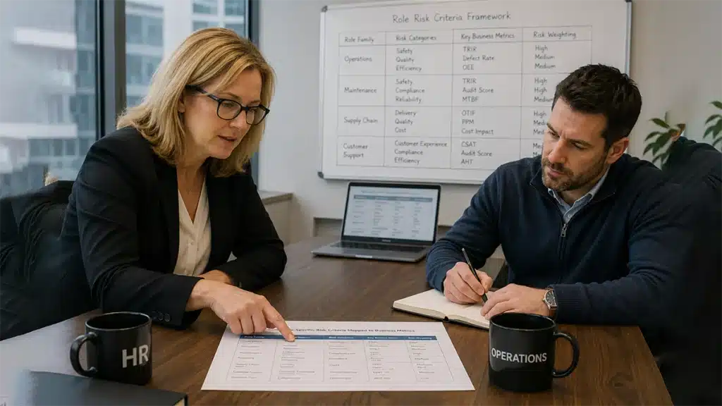 HR director and operations manager reviewing role-specific risk criteria document for integrity assessment implementation planning