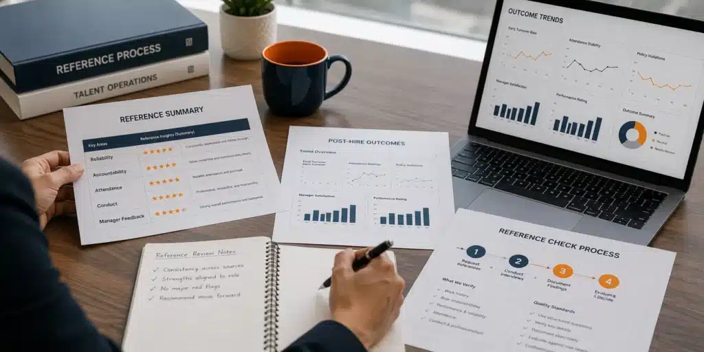 HR team reviewing references and trust outcomes after hiring