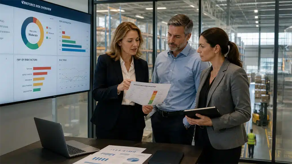 HR and operations leaders mapping an integrity risk assessment for HR leaders in a logistics office