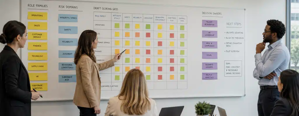 HR team planning how to implement an integrity risk assessment program on a whiteboard.