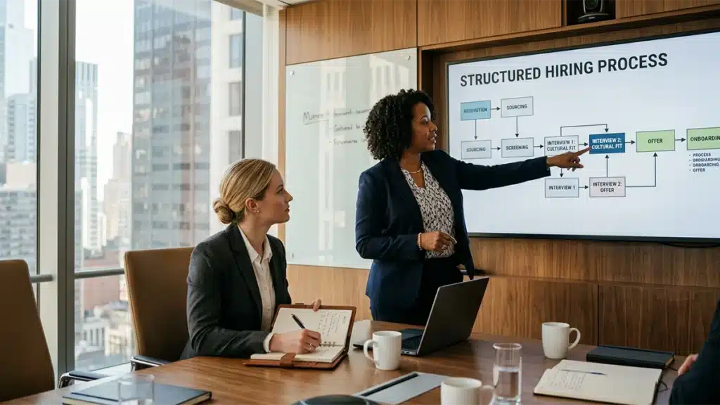 HR team reviewing implementation steps for a structured honesty test hiring process at a US company