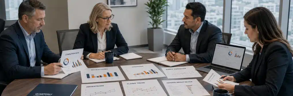 HR leadership team reviewing quarterly hiring risk and integrity testing metrics