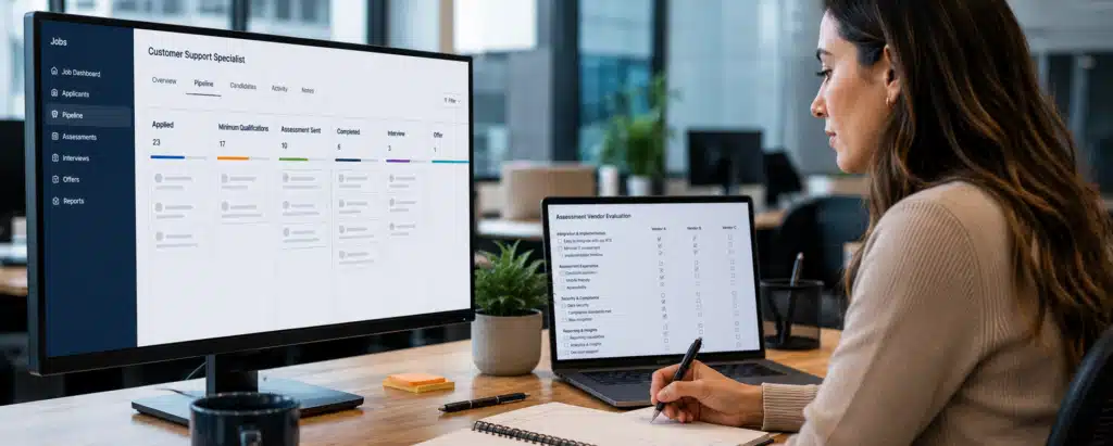 Recruiter reviewing easy to integrate pre-hiring assessment tools in candidate workflow