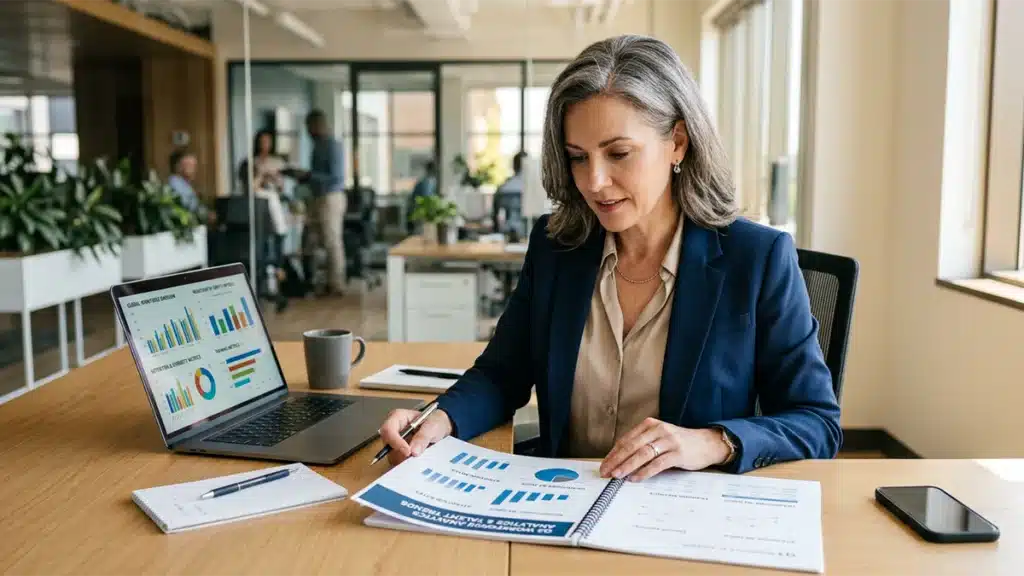 HR director reviewing integrity self-assessment ROI data for HR teams in a US corporate office