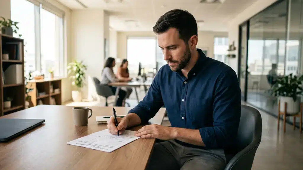 Job candidate completing a pre-employment integrity self-assessment form during the US hiring process