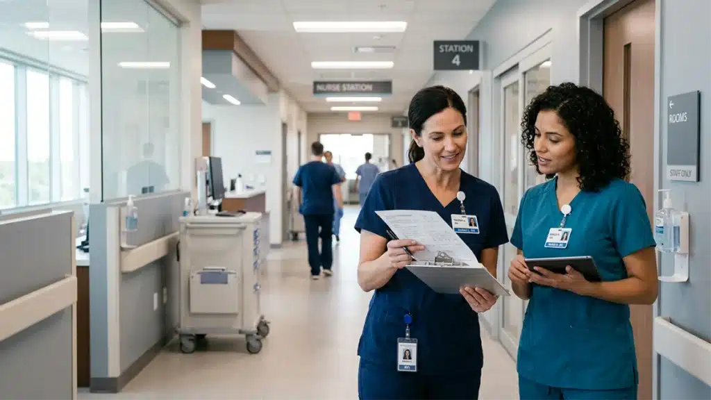 Healthcare professionals reviewing safety and staffing assessment data in a US hospital setting