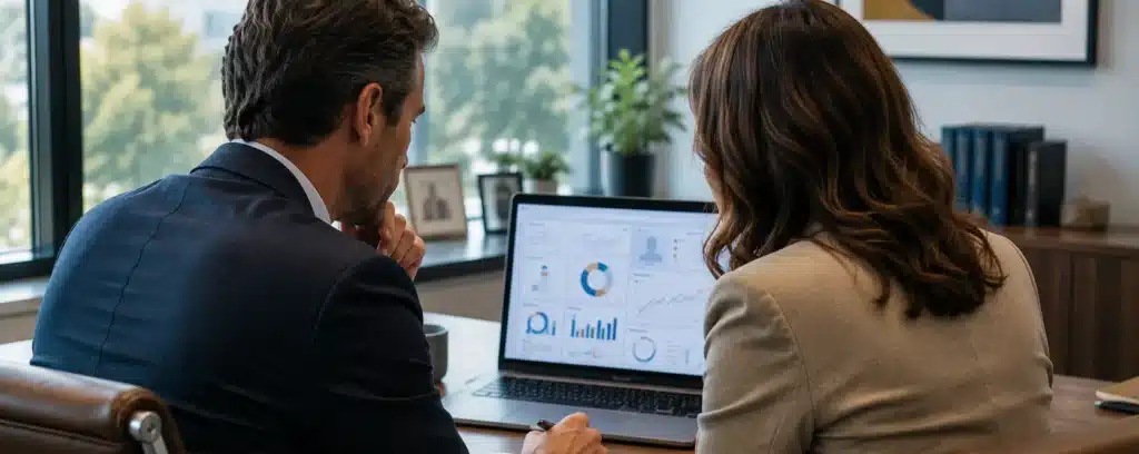 HR director and hiring manager reviewing secure and fair online integrity assessments for hiring on a laptop.
secure and fair online integrity assessments