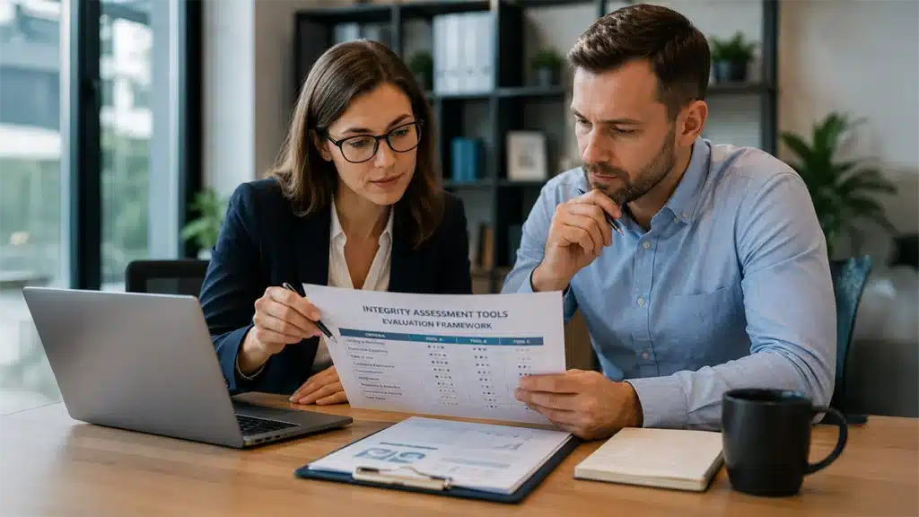 Select and validate integrity assessment tools for hiring decisions, with HR leaders comparing assessment options, reviewing validation data, and evaluating hiring risk criteria in a professional workplace setting.