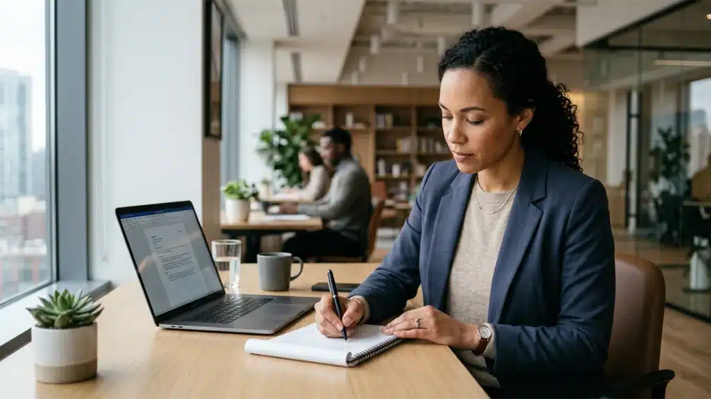 HR professional reviewing integrity self-assessment examples using star method at a desk in a US corporate office
