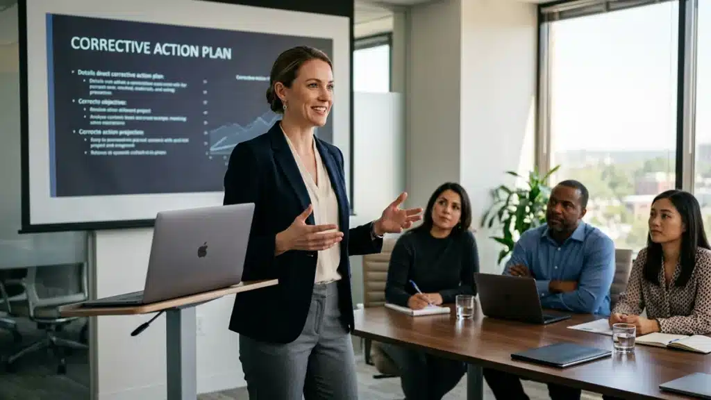 Project manager presenting an accountability and corrective action plan to her team — STAR accountability self-assessment example