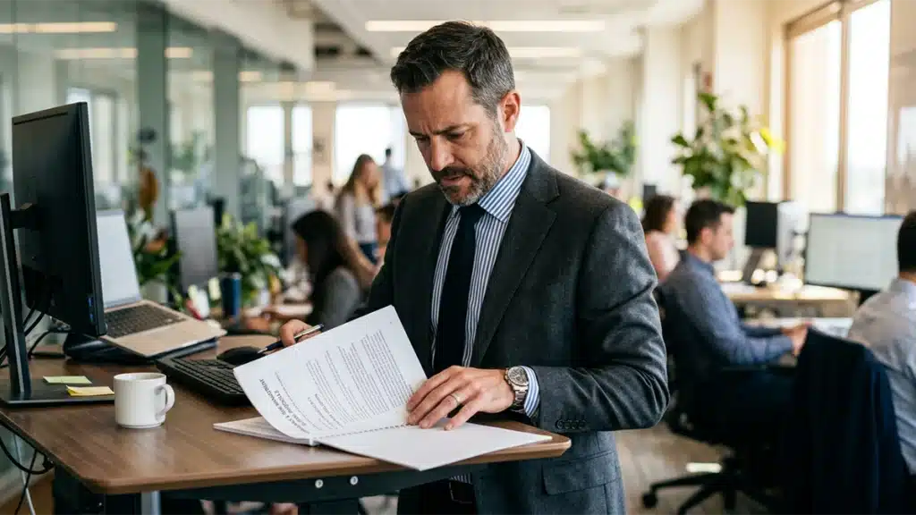 Professional reviewing compliance guidelines before making an ethical decision — STAR ethical decision-making self-assessment example
