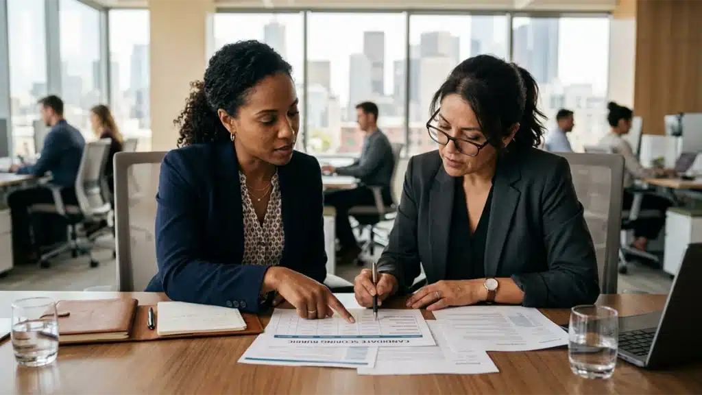 HR professionals reviewing STAR method integrity self-assessment scoring rubric in a US office